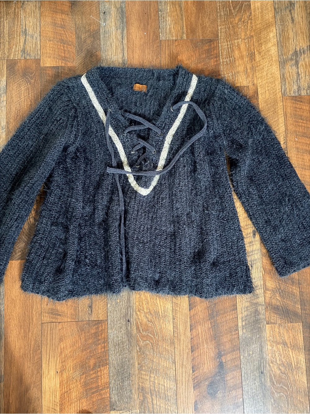 POL Navy Lace-Up V-Neck Women’s Sweater with Contrast Trim
